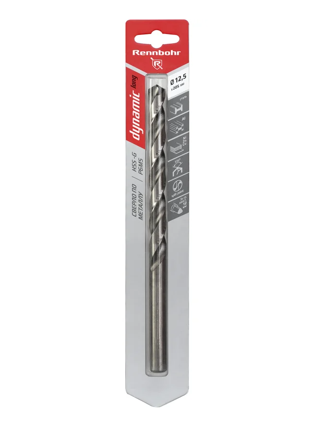 Сверло по металлу ЦХ, 12,5х205мм (Хв.12,0мм), HSS-G, P6M5, 1шт/уп, RENNBOHR DYNAMIC LONG CARD.