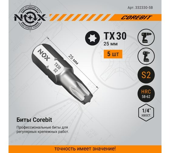 Бита COREBIT (5шт; TX30x25 мм; карта; С6.3) NOX 332330-5B