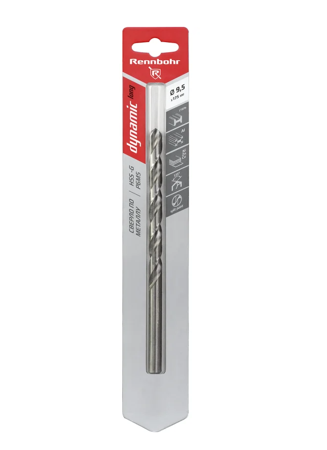 Сверло по металлу ЦХ,  9,5х175мм, HSS-G, P6M5, 1шт/уп, RENNBOHR DYNAMIC LONG CARD.