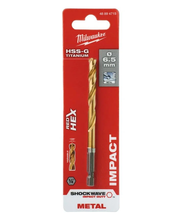 Сверло по металлу Milwaukee Shokwave HSS-G Tin Red Hex ⌀6,5 мм (1 шт), 48894715