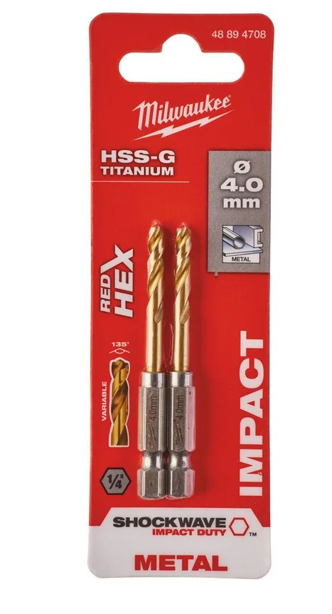 Сверло по металлу Milwaukee Shokwave HSS-G Tin Red Hex ⌀4 мм (2 шт), 48894708