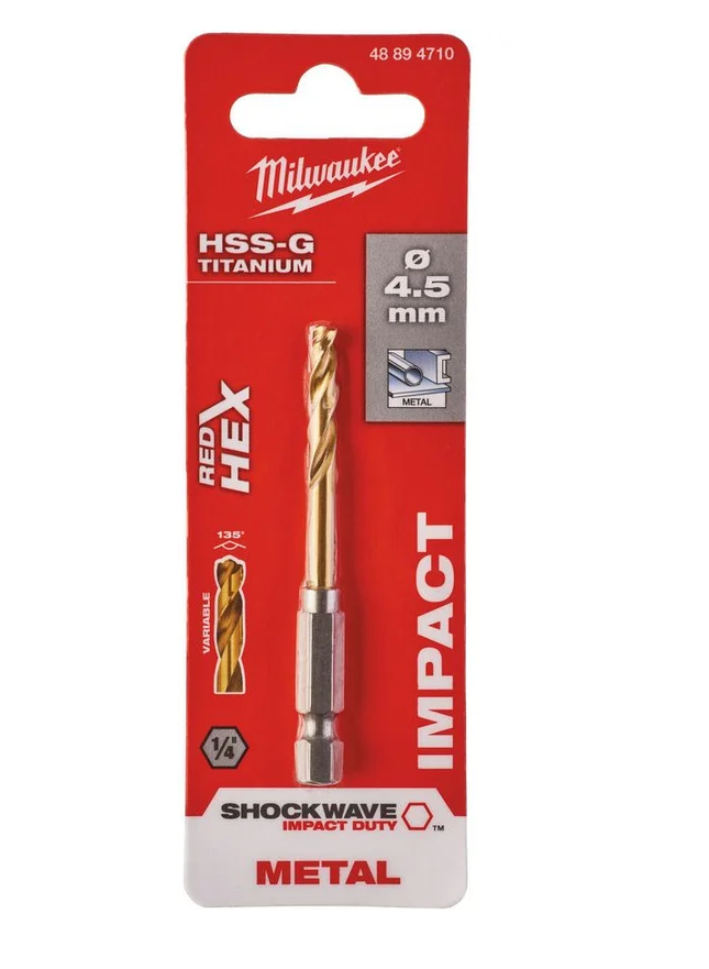 Сверло по металлу Milwaukee Shokwave HSS-G Tin Red Hex ⌀4,5 мм (1 шт), 48894710