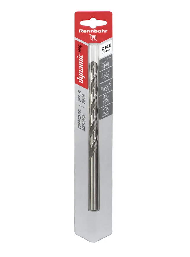 Сверло по металлу ЦХ, 10,0х184мм, HSS-G, P6M5, 1шт/уп, RENNBOHR DYNAMIC LONG CARD 669100.