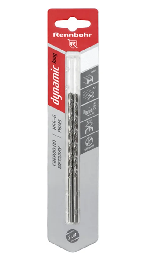 Сверло по металлу ЦХ,  3,0х100мм, HSS-G, P6M5, 2шт/уп, RENNBOHR DYNAMIC LONG CARD