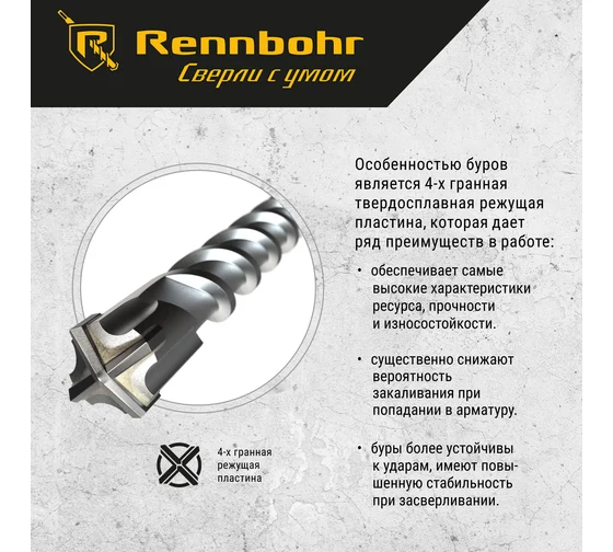 Бур по бетону SDS-Max 20 х 340мм / 195мм Rennbohr Quadro, 722034