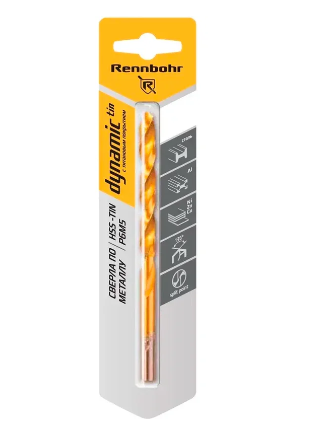 Сверло по металлу,  ЦХ, 7,0х109мм, HSS-TIN, Р6М5, 1шт/уп, RENNBOHR DYNAMIC-TIN CARD