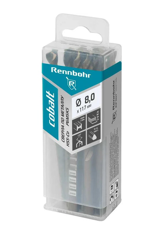 Сверло по металлу, 3х гр. хвост,  8,0х117мм HSS-Co Р6М5К5 10шт/уп RENNBOHR COBALT PROM
