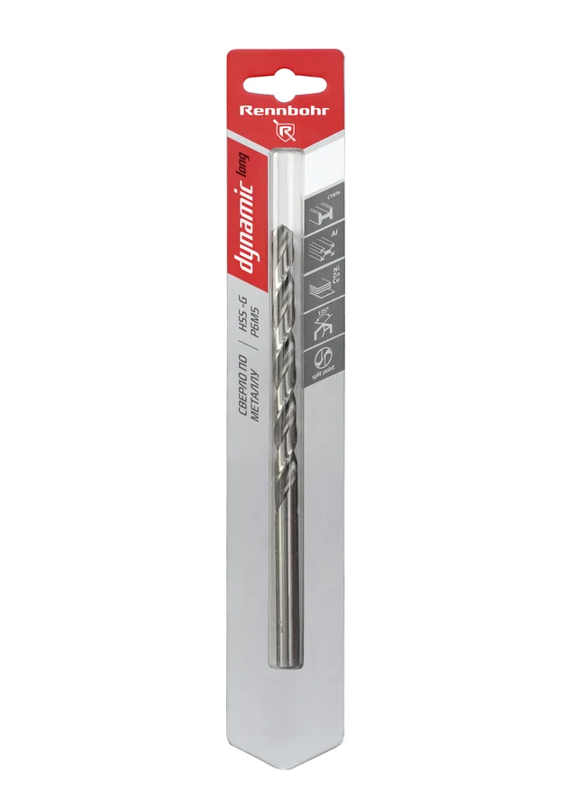 Сверло по металлу ЦХ,  7,5х156мм, HSS-G, P6M5, 1шт/уп, RENNBOHR DYNAMIC LONG CARD.