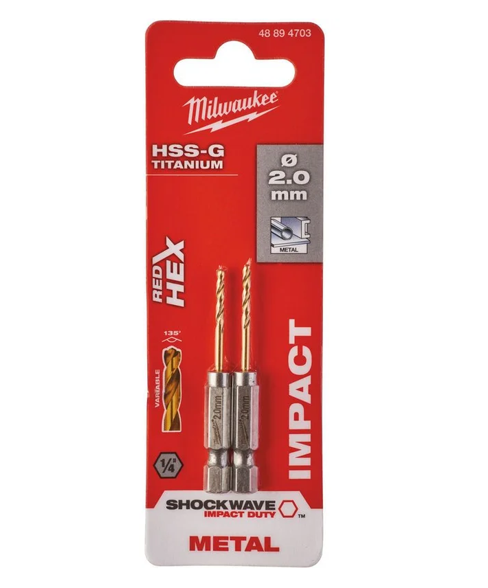 Сверло по металлу Milwaukee Shokwave HSS-G Tin Red Hex ⌀2 мм (2 шт), 48894703