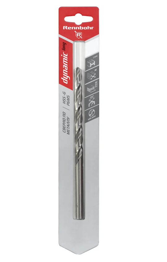 Сверло по металлу ЦХ,  6,5х148мм, HSS-G, P6M5, 1шт/уп, RENNBOHR DYNAMIC LONG CARD