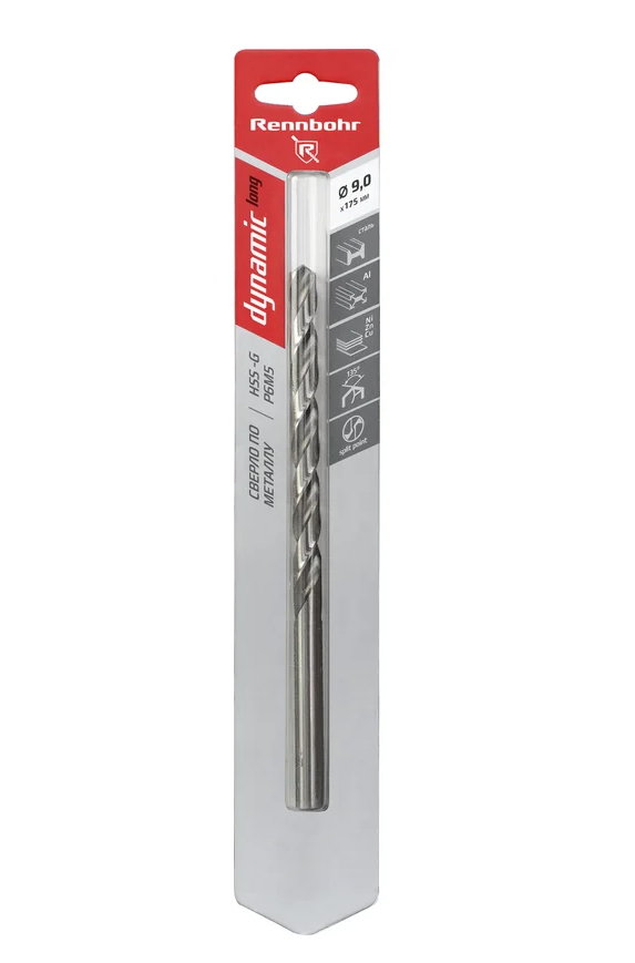 Сверло по металлу ЦХ,  9,0х175мм, HSS-G, P6M5, 1шт/уп, RENNBOHR DYNAMIC LONG CARD 669090.
