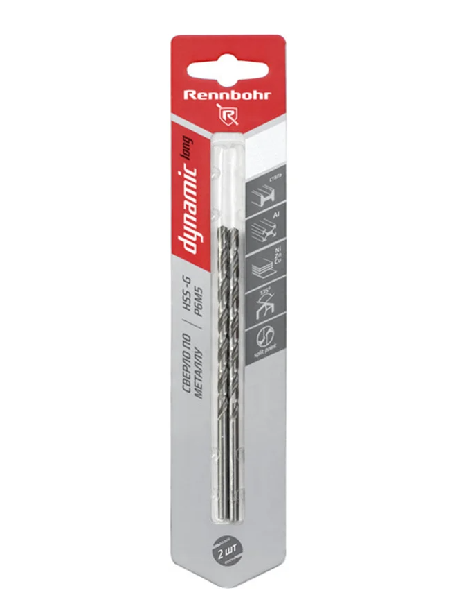 Сверло по металлу ЦХ,  4,0х119мм, HSS-G, P6M5, 2шт/уп, RENNBOHR DYNAMIC LONG CARD 569040.