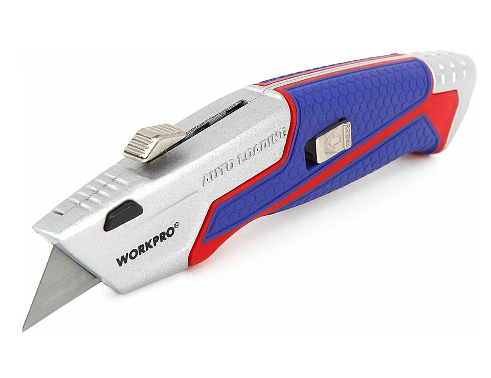 Нож строительный выдвижной WP213012 WORKPRO с автоматической подачей (5 лезвий) трапец. лезвия