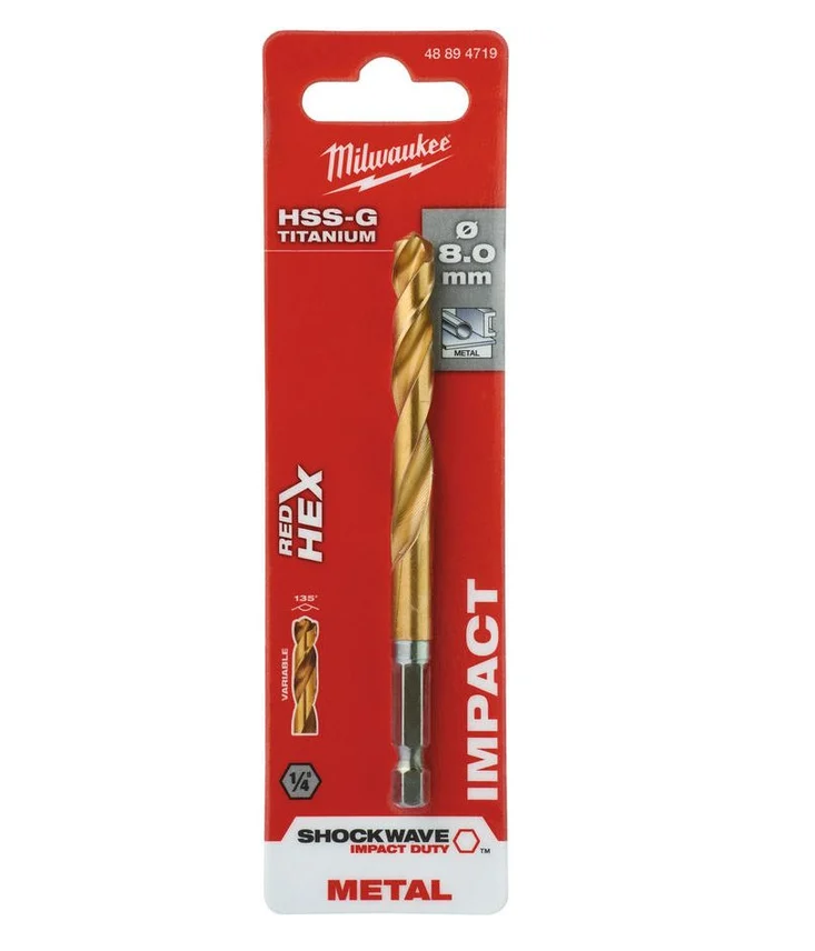 Сверло по металлу Milwaukee Shokwave HSS-G Tin Red Hex ⌀8 мм (1 шт), 48894719