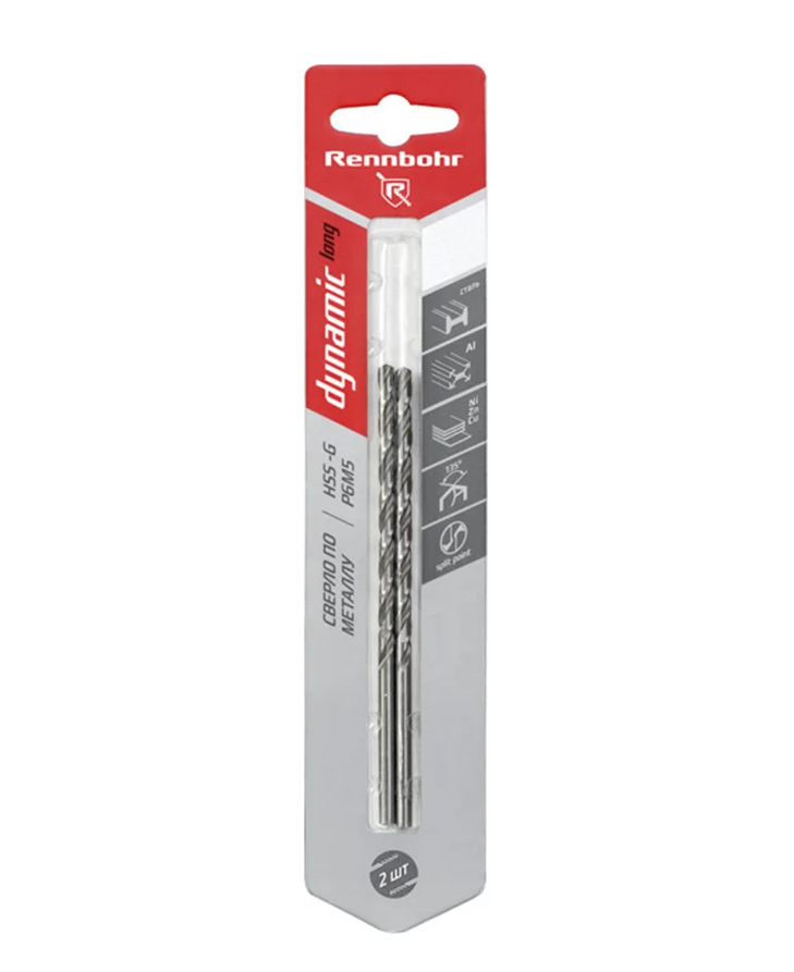 Сверло по металлу ЦХ,  3,5х112мм, HSS-G, P6M5, 2шт/уп, RENNBOHR DYNAMIC LONG CARD 569035.