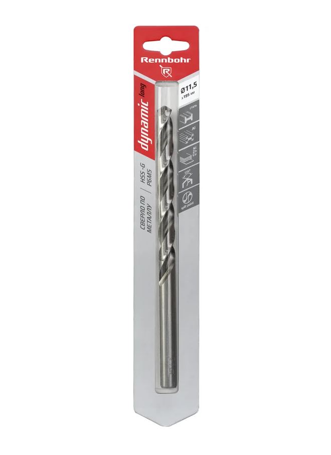 Сверло по металлу ЦХ, 11,5х195мм, HSS-G, P6M5, 1шт/уп, RENNBOHR DYNAMIC LONG CARD.