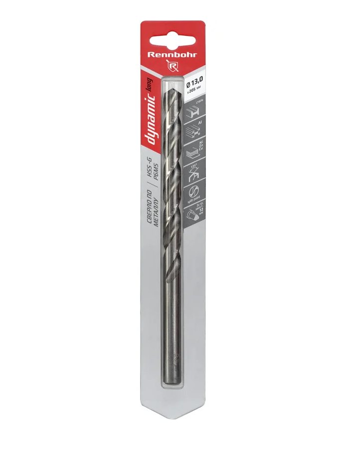 Сверло по металлу RENNBOHR DYNAMIC LONG CARD 13.0x205 мм, хв-к 12 мм, HSS-G, P6M5, 1шт/уп 669130