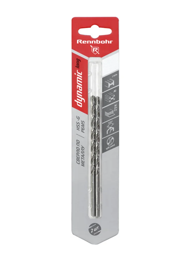 Сверло по металлу ЦХ,  2,0х85мм, HSS-G, P6M5, 2шт/уп, RENNBOHR DYNAMIC LONG CARD  569020.