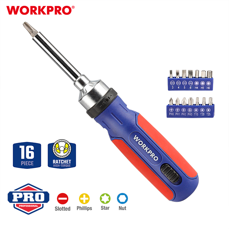 Реверсивная отвертка с трещеткой 3-72  15в1 (14 насадок) WP221061 WORKPRO