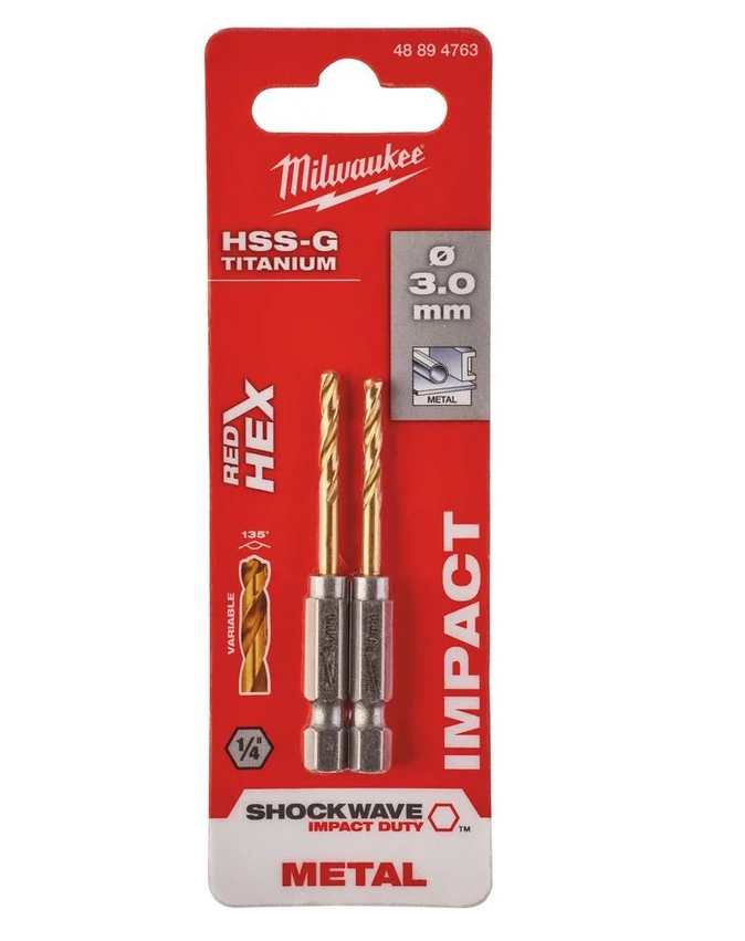 Сверло по металлу Milwaukee Shokwave HSS-G Tin Red Hex ⌀3 мм (2 шт), 48894763