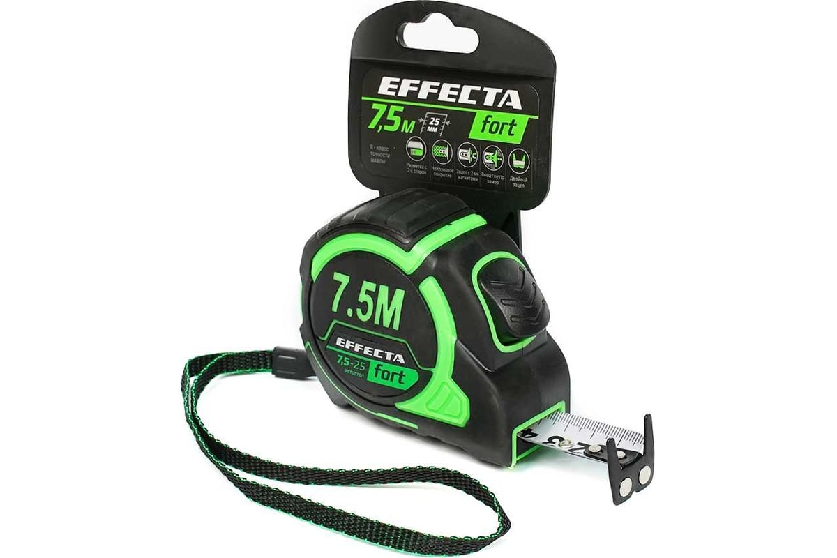 Рулетка Effecta Fort 7,5м/25 мм, магнит, автостоп, лента -2стор шкала- нейлон, 581725