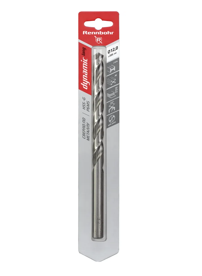 Сверло по металлу ЦХ, 12,0х205мм, HSS-G, P6M5, 1шт/уп, RENNBOHR DYNAMIC LONG CARD 669120.