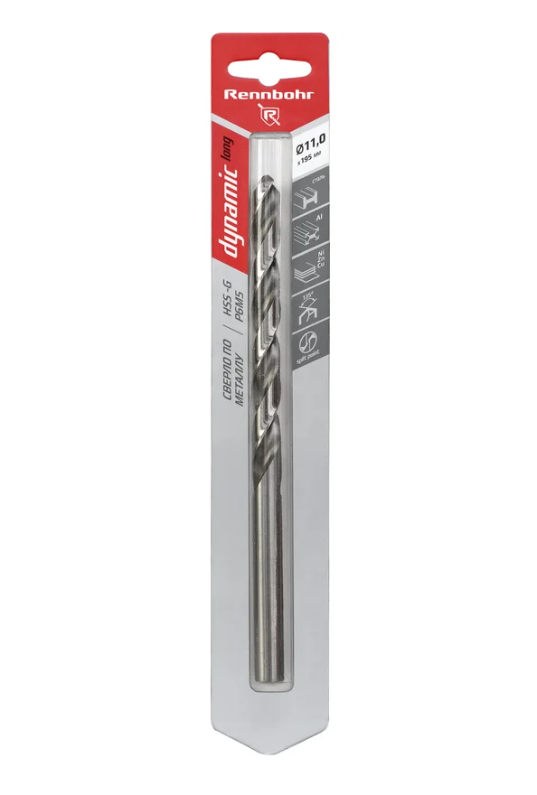 Сверло по металлу ЦХ, 11,0х195мм, HSS-G, P6M5, 1шт/уп, RENNBOHR DYNAMIC LONG CARD 669110.