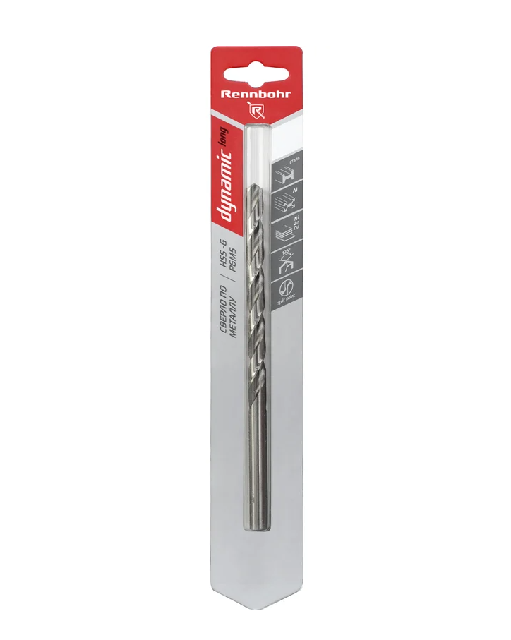 Сверло по металлу ЦХ,  5,0х132мм, HSS-G, P6M5, 1шт/уп, RENNBOHR DYNAMIC LONG CARD 569050.