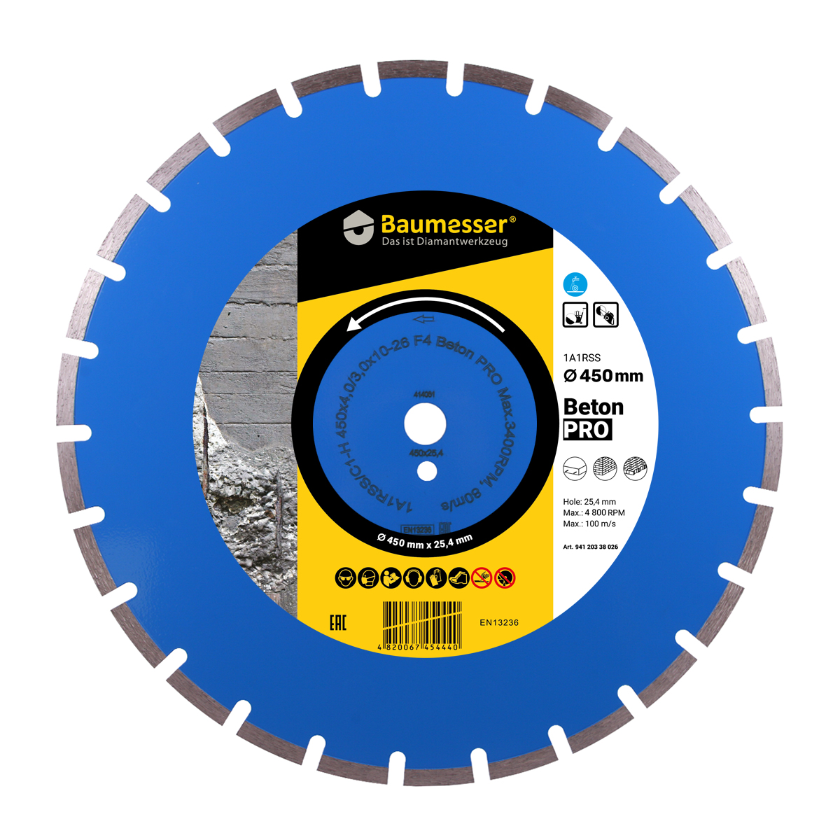 Круг алмазный отрезной 1A1RSS/C1-H 450x4,0/3,0x10x25,4-26 F4 Baumesser Beton PRO 941 200 08 028