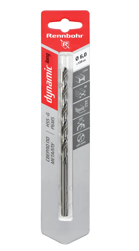 Сверло по металлу ЦХ,  6,0х139мм, HSS-G, P6M5, 1шт/уп, RENNBOHR DYNAMIC LONG CARD