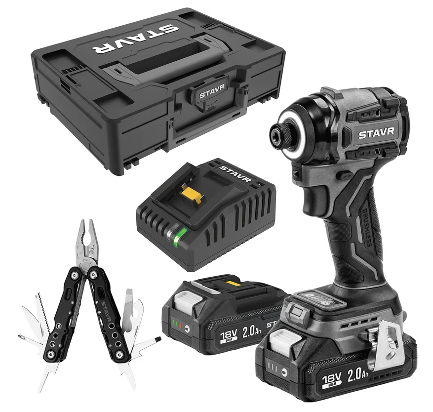 Ударный шуруповерт Ставр 18V, серия X-CLUSIVE, SID 18BL-200V-2K, 200 Нм, 2х2.0 Ач, ЗУ, кейс S-Box 9022300103